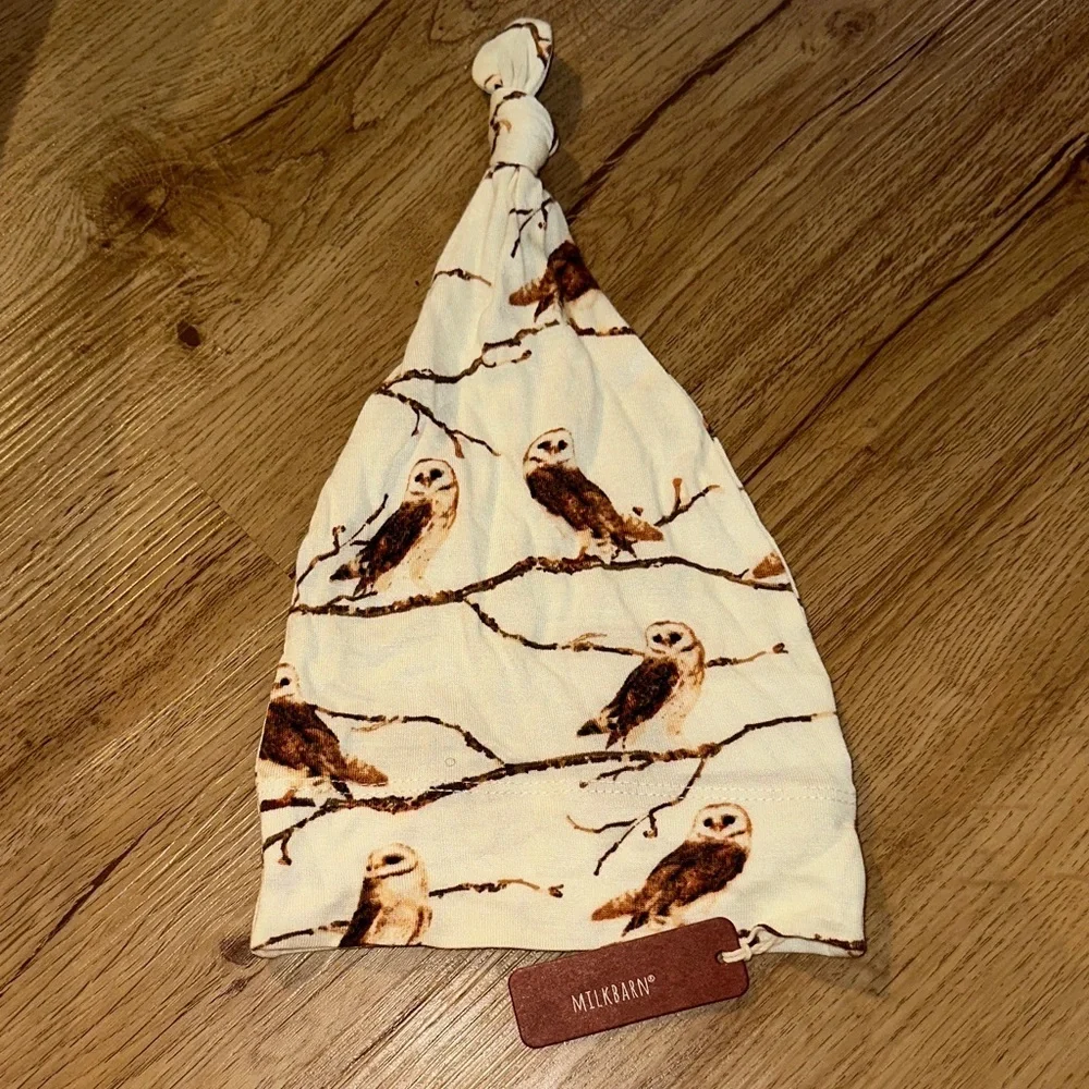 NEW Milkbarn Cream Beanie with Brown Owl Print